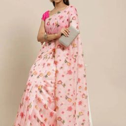 Silk Land Pink Floral Print Saree With Unstitched Blouse-image-99