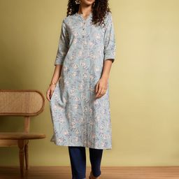 Taneira Floral Printed Linen Mandarin Collar Straight Kurta-image-37