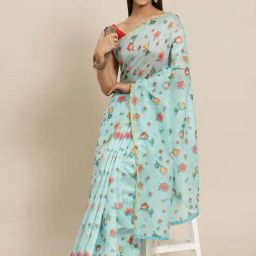 Silk Land Turquoise Floral Print Saree With Unstitched Blouse-picture-16