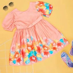 Pantaloons Junior Peach & Blue Cotton Floral Print Dress-image-83