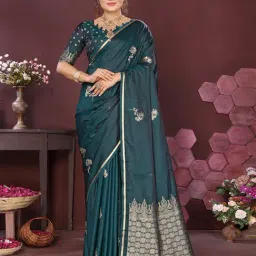 Elora Teal Satin Ethnic Motifs Banarasi Saree With Stitched Blouse-picture-7