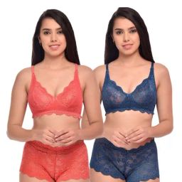 AROUSY Orange & Blue Self Pattern Bras & Panties Set - Pack Of 2-picture-4