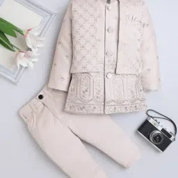 Fourfolds Kids Beige Embroidery Three Piece Suit Set-picture-48