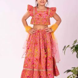 VASTRAMAY Girls Pink Cotton Floral Lehenga Cholis-image-77