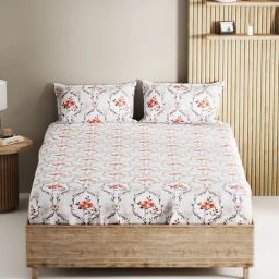 Bianca Palladium White & Orange Cotton Floral 144 TC King Flat Bedsheet with 2 Pillow Covers-image-19