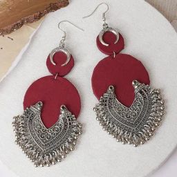 Teejh Ethnic Aashna Maroon Fabric and Silver Oxidized Dangler Earring-image-40