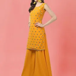 PARROT CREATION Geometric Embroidered Sequinned Georgette Kurti with Sharara And Dupatta image 5