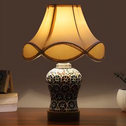 Devansh Off White Printed Wooden Frustum Shaped Table Lamp With Mosaic Glass Base-5