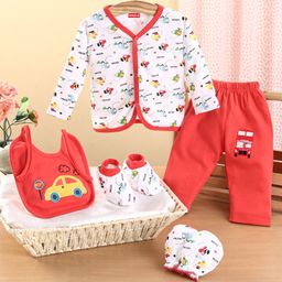 Babyhug Clothing Gift Set Car Theme Red & White - Pack of 5-image-0