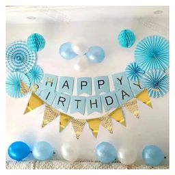 Bubble Trouble Blue Theme Happy Birthday Decoration Items DIY Combo Kit with Pastel Blue & White Balloons Paper Fans & Flags for Party Background Wall Stage Decor Pack of 48 Items - Multicolour-19