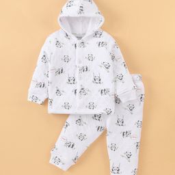 Doreme Knitted Full Sleeves Hooded Winter Wear Night Suit With Panda Print - White-picture-3