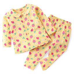 Babyhug Single Jersey Full Sleeves Night Suit Strawberry Print - Yellow-image-73