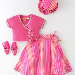 Exclusive from Jaipur Cotton Half Sleeves Embellished Choli Lehenga Set with Cap & Mojaris Bandhani Print - Rani Pink-picture-18