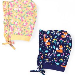 Babyhug 100% Cotton Knit Floral & Fox Printed Caps with Knit Pack of 2  - Navy Blue & Yellow-image-88