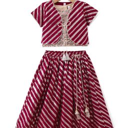 Babyhug Woven Short Sleeves Choli Lehenga & Jacket Set With Foil Print & Sequin Embroidery - Maroon-image-66
