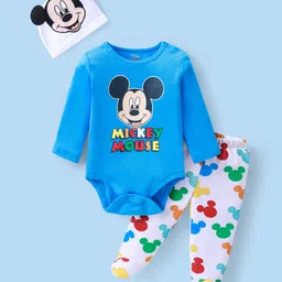 Babyhug Disney Single Jersey Knit Full Sleeves  Onesie & Footed Diaper Leggings with Mickey Mouse Graphics & Cap - Blue-picture-29