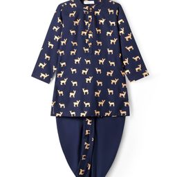 Babyoye Cotton Woven Full Sleeves Kurta Dhoti Set With Deer Print - Navy Blue-image-73