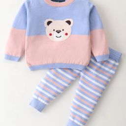 ToffyHouse Knitted Cotton Full Sleeves Winter Wear Set With Stripes & Teddy Design - Light Pink & Light Blue-image-68
