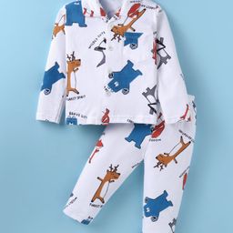 Evimo Single Jersey Knit Full Sleeves Night Suit with Animals Print - Blue & White-image-90