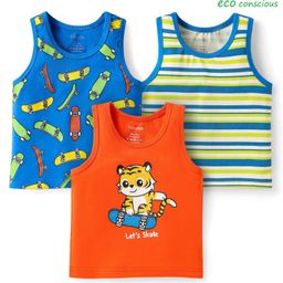 Babyoye Cotton Elastane Knit Sleeveless Tiger & Skateboard Printed Sando Vests Pack of 3 - Orange Blue & Light Green-picture-45