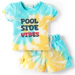 Babyoye Cotton Knit Terry Half Sleeves T-Shirt & Shorts with Puff & Pool Side Vibes Text Print - White Light Blue & Yellow-image-15