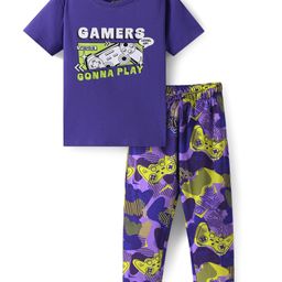 Pine Kids Single Jersey Knit Half Sleeves Night Suit with Text Print - Violet-image-97