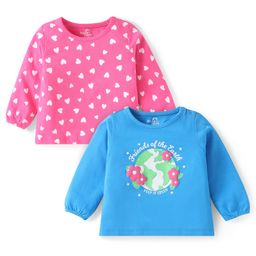 Doodle Poodle 100% Cotton Knit Full Peasant Sleeves Tops with Hearts & Earth Print Pack of 2 - Pink & Blue-image-73