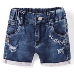 Olio Kids Above Knee Length Distressed Denim Shorts with Text Embroidery - Blue-picture-49