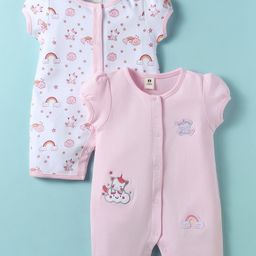 ToffyHouse Woven Half Sleeves Unicorn Printed & Embroidered Rompers Pack of 2 - Pink & White-image-96