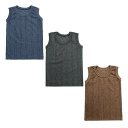 Superminis Pack Of 3 Sleeveless Striped Thermal Vests - Blue Brown & Grey-picture-2