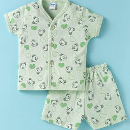 Tango Interlock Knit Half Sleeves Shorts Night Suit With Teddy Bear & Heart Print - Light Green-image-98