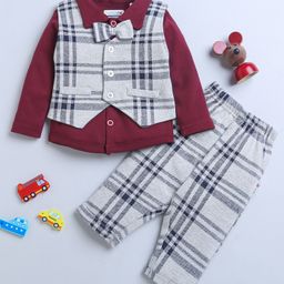 BUMZEE Interlock Knit Full Sleeves Checks 3 Piece Party Suit with Bow Attached - Maroon & Grey-image-88
