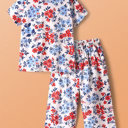 Pine Kids Cotton Knit Half Sleeves Co-ords Capri Night Suit with Floral Print - White-image-62