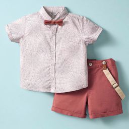 ToffyHouse Poplin Woven Half Sleeves Spider Web Printed Shirt & Shorts Set with Bow & Suspender - Rose Gold-image-11