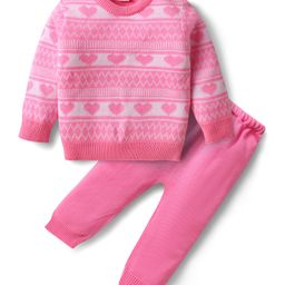 Babyhug Knitted Full Sleeves Sweater Set with Heart Design - Pink-image-55