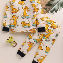 Little Marine Cotton Knit Full Sleeves Dog Printed Coordinating Night Suit Set - Light Yellow-image-86