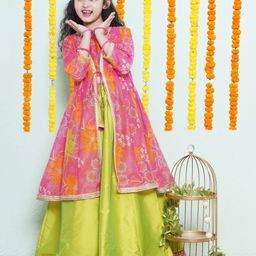 Bitiya By Bhama Silk Woven Floral Printed Gota Lace Embellished Lehenga Choli With Three Fourth Sleeves Shrug Set - Green-image-73