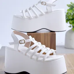 Shoetopia Solid Closure Buckle Gladiator Platforms - White-picture-24