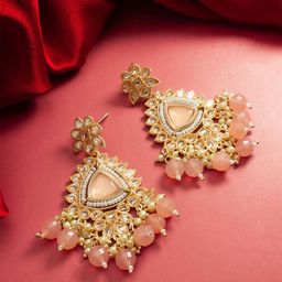 Anouk Gold Plated Kundan Studded And Pearls Beaded Triangular Shaped Drop Earrings-image-36