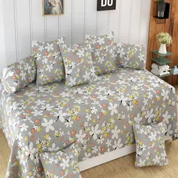 Aura Grey & White 8 Pieces Floral Printed 160 TC Diwan Set-33