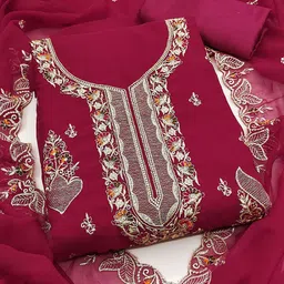 HERE&NOW Floral Embroidered Thread Work Silk Chiffon Unstitched Dress Material-image-89