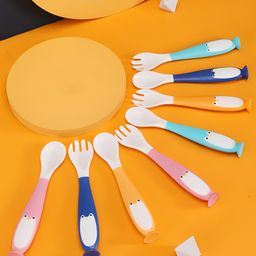 Cozy Vibes Children Learn Eating Baby Training Practice Tableware Twist Bendable Fork Spoon Silicone Soft Spoon Set Suction-Pack of 1 - Color May Vary image 2