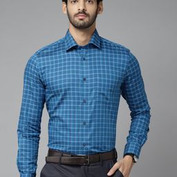 Blackberrys Men Navy Blue Pure Cotton India Slim Fit Tartan Checks Checked Formal Shirt-image-82