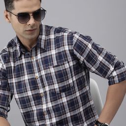 BEAT LONDON by PEPE JEANS Men Navy Blue & White Slim Tartan Checked Cotton Casual Shirt-image-94
