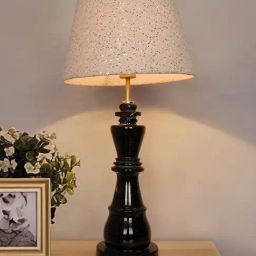 FOS LIGHTING Black Marquina Marble Chess King Table Lamp with Sequined Jute Shade-3