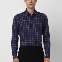 Van Heusen Navy Cotton Slim Fit Checks Shirt-image-59