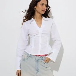 Nuon by Westside White Ruched Detailed Cotton Shirt-image-37