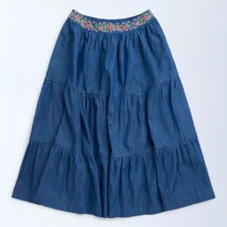 Utsa Kids by Westside Dark Blue Embroidered Tiered Denim Skirt-picture-37