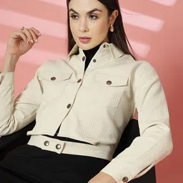 CHKOKKO Women Solid Crop Tailored Jacket-image-42