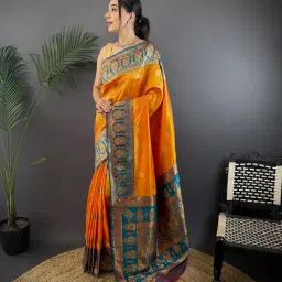 Elora Orange Silk Zari Banarasi Saree With Unstitched Blouse-image-61